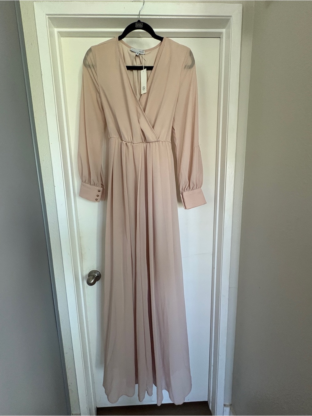 Soft Blush Long Sleeve Maxi Dress with V-Neck